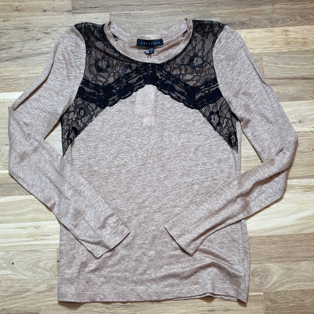 NWT Sanctuary Carmel and Black Lace Neckline Long Sleeve Blouse Women’s XS